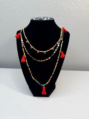 SUGARFIX Multi-Strand Beaded Necklace with Red Tassels